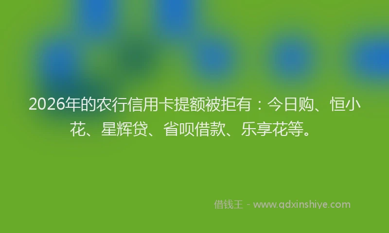 2026年的农行信用卡提额被拒有：今日购、恒小花、星辉贷、省呗借款、乐享花等。