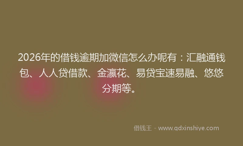 2026年的借钱逾期加微信怎么办呢有:汇融通钱包、人人贷借款、金瀛花、易贷宝速易融、悠悠分期等。