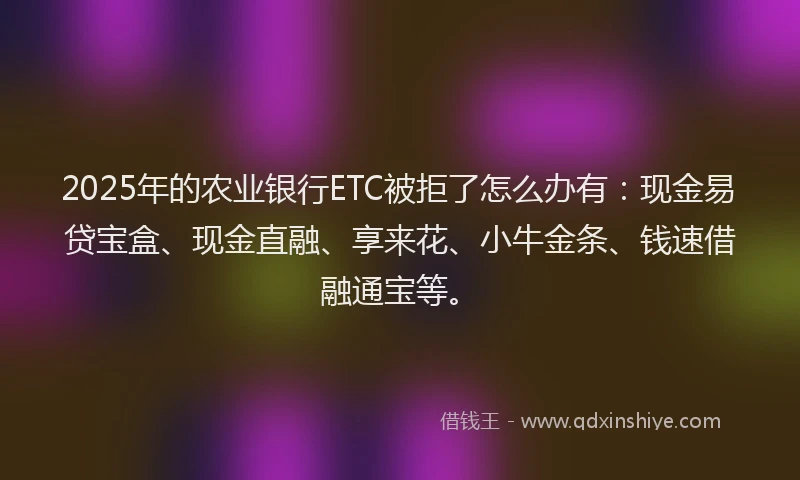 2025年的农业银行ETC被拒了怎么办有:现金易贷宝盒、现金直融、享来花、小牛金条、钱速借融通宝等。