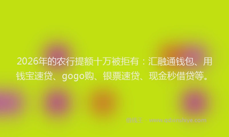 2026年的农行提额十万被拒有：汇融通钱包、用钱宝速贷、gogo购、银票速贷、现金秒借贷等。