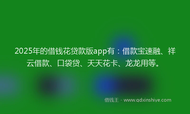 2025年的借钱花贷款版app有：借款宝速融、祥云借款、口袋贷、天天花卡、龙龙用等。