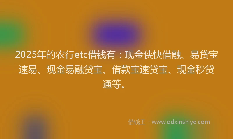 2025年的农行etc借钱有：现金侠快借融、易贷宝速易、现金易融贷宝、借款宝速贷宝、现金秒贷通等。