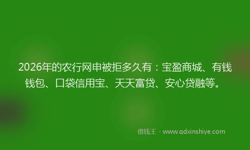 2026年的农行网申被拒多久有：宝盈商城、有钱钱包、口袋信用宝、天天富贷、安心贷融等。