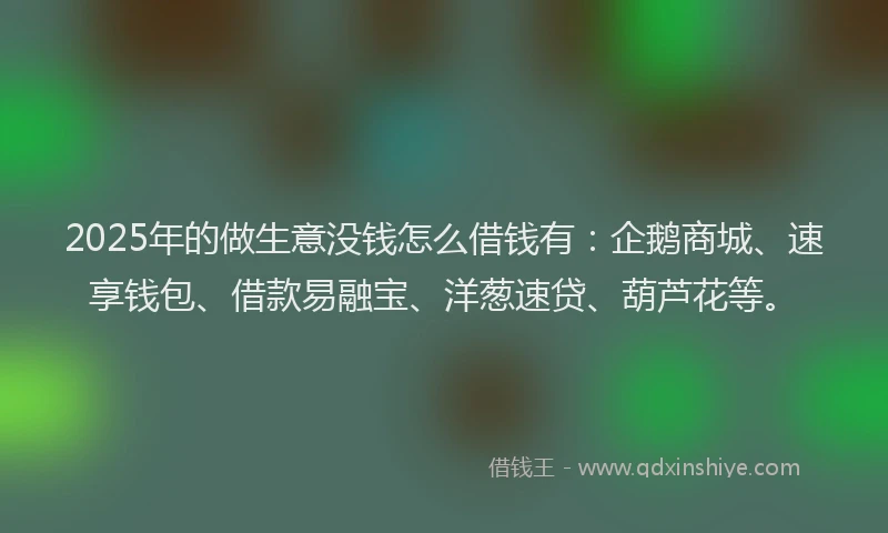 2025年的做生意没钱怎么借钱有：企鹅商城、速享钱包、借款易融宝、洋葱速贷、葫芦花等。