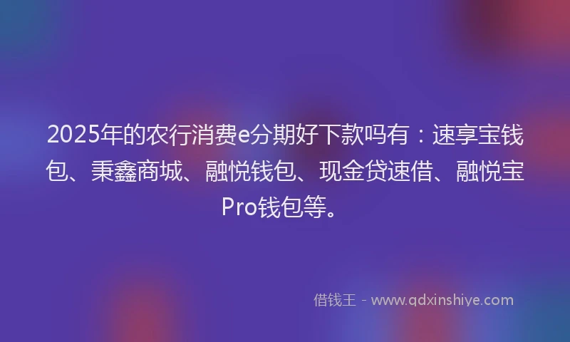 2025年的农行消费e分期好下款吗有：速享宝钱包、秉鑫商城、融悦钱包、现金贷速借、融悦宝Pro钱包等。