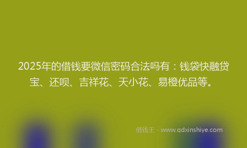 2025年的借钱要微信密码合法吗有：钱袋快融贷宝、还呗、吉祥花、天小花、易橙优品等。