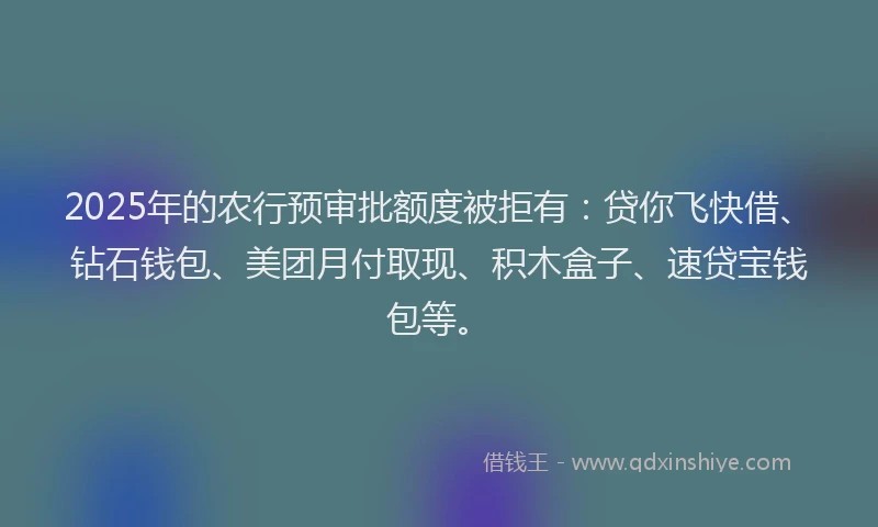 2025年的农行预审批额度被拒有：贷你飞快借、钻石钱包、美团月付取现、积木盒子、速贷宝钱包等。