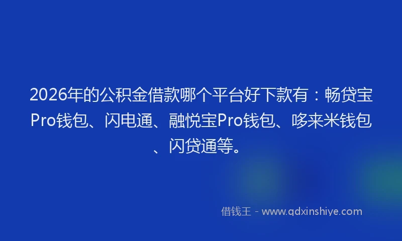 2026年的公积金借款哪个平台好下款有：畅贷宝Pro钱包、闪电通、融悦宝Pro钱包、哆来米钱包、闪贷通等。