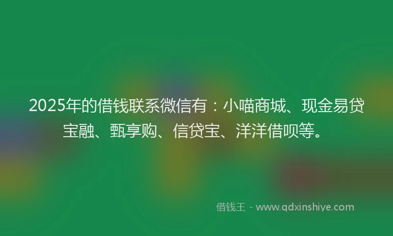 2025年的借钱联系微信有：小喵商城、现金易贷宝融、甄享购、信贷宝、洋洋借呗等。
