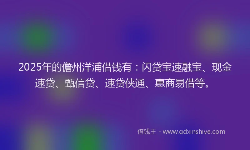 2025年的儋州洋浦借钱有:闪贷宝速融宝、现金速贷、甄信贷、速贷侠通、惠商易借等。