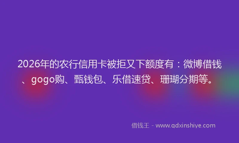 2026年的农行信用卡被拒又下额度有:微博借钱、gogo购、甄钱包、乐借速贷、珊瑚分期等。