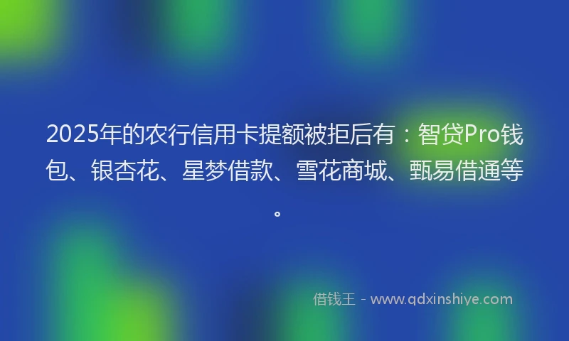 2025年的农行信用卡提额被拒后有:智贷Pro钱包、银杏花、星梦借款、雪花商城、甄易借通等。