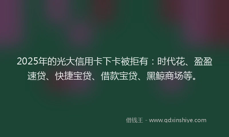 2025年的光大信用卡下卡被拒有:时代花、盈盈速贷、快捷宝贷、借款宝贷、黑鲸商场等。