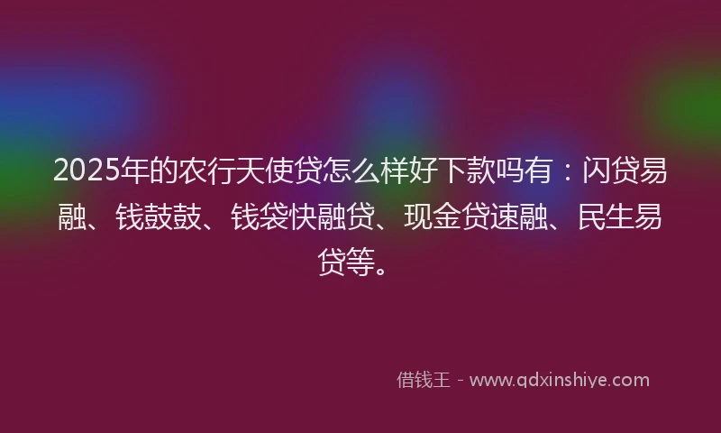 2025年的农行天使贷怎么样好下款吗有:闪贷易融、钱鼓鼓、钱袋快融贷、现金贷速融、民生易贷等。