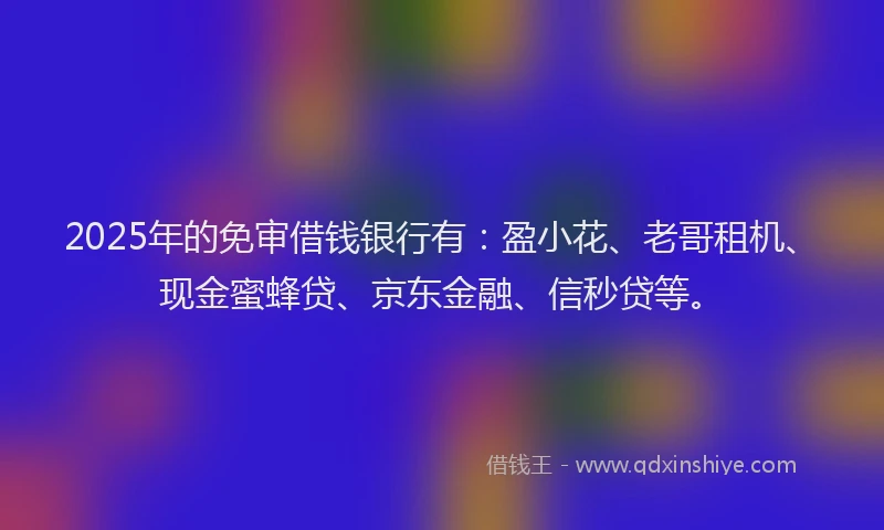 2025年的免审借钱银行有：盈小花、老哥租机、现金蜜蜂贷、京东金融、信秒贷等。