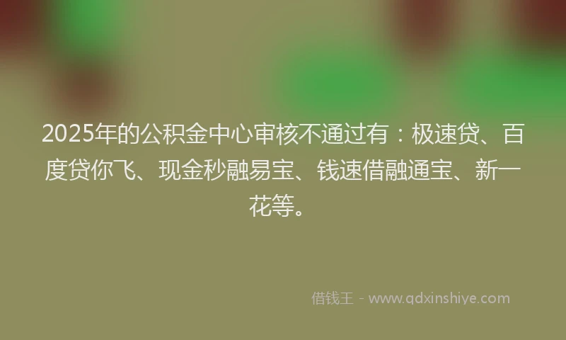 2025年的公积金中心审核不通过有：极速贷、百度贷你飞、现金秒融易宝、钱速借融通宝、新一花等。