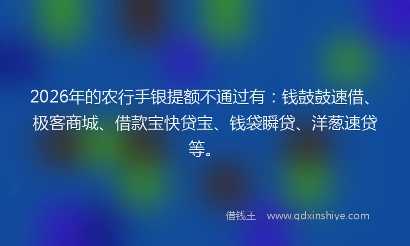 2026年的农行手银提额不通过有：钱鼓鼓速借、极客商城、借款宝快贷宝、钱袋瞬贷、洋葱速贷等。