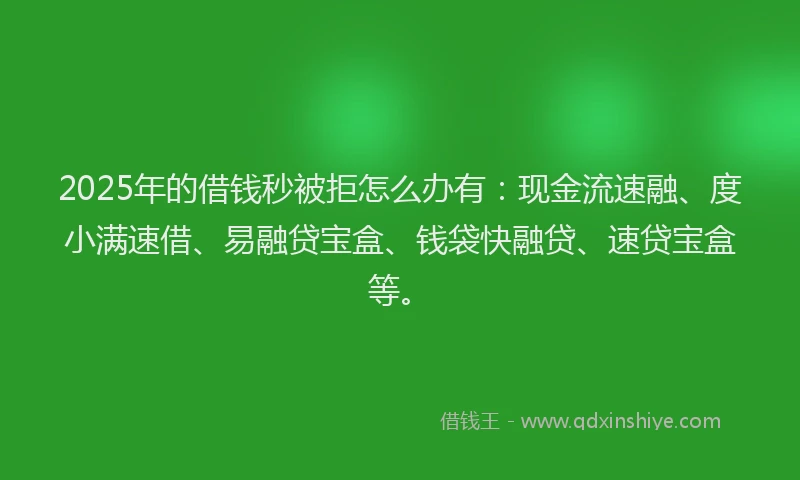 2025年的借钱秒被拒怎么办有:现金流速融、度小满速借、易融贷宝盒、钱袋快融贷、速贷宝盒等。