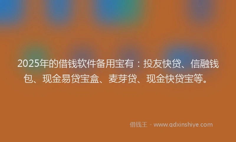 2025年的借钱软件备用宝有:投友快贷、信融钱包、现金易贷宝盒、麦芽贷、现金快贷宝等。