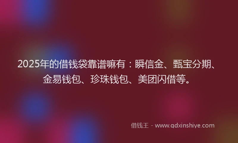 2025年的借钱袋靠谱嘛有：瞬信金、甄宝分期、金易钱包、珍珠钱包、美团闪借等。