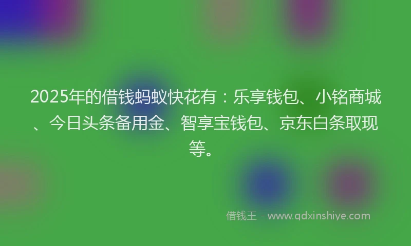 2025年的借钱蚂蚁快花有：乐享钱包、小铭商城、今日头条备用金、智享宝钱包、京东白条取现等。