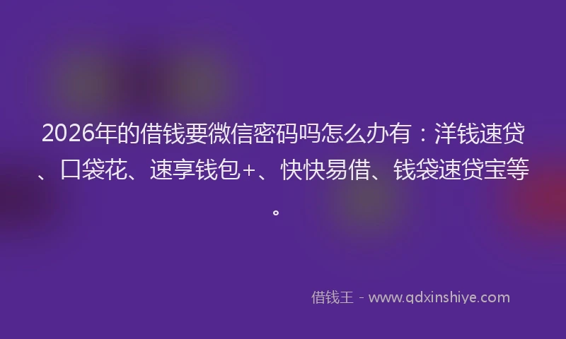 2026年的借钱要微信密码吗怎么办有：洋钱速贷、口袋花、速享钱包+、快快易借、钱袋速贷宝等。