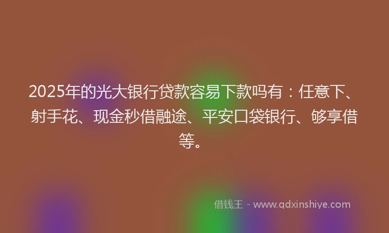 2025年的光大银行贷款容易下款吗有：任意下、射手花、现金秒借融途、平安口袋银行、够享借等。