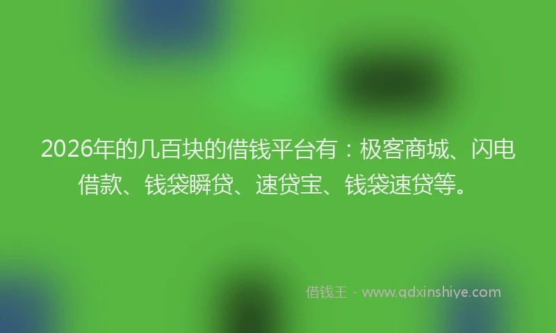 2026年的几百块的借钱平台有：极客商城、闪电借款、钱袋瞬贷、速贷宝、钱袋速贷等。