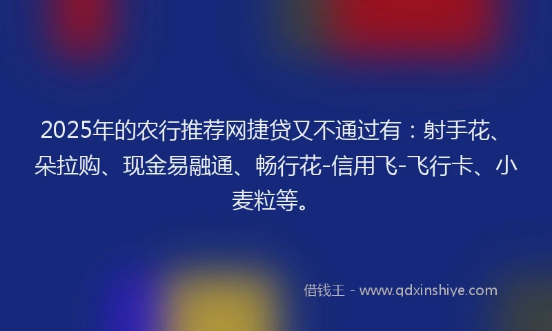 2025年的农行推荐网捷贷又不通过有：射手花、朵拉购、现金易融通、畅行花-信用飞-飞行卡、小麦粒等。
