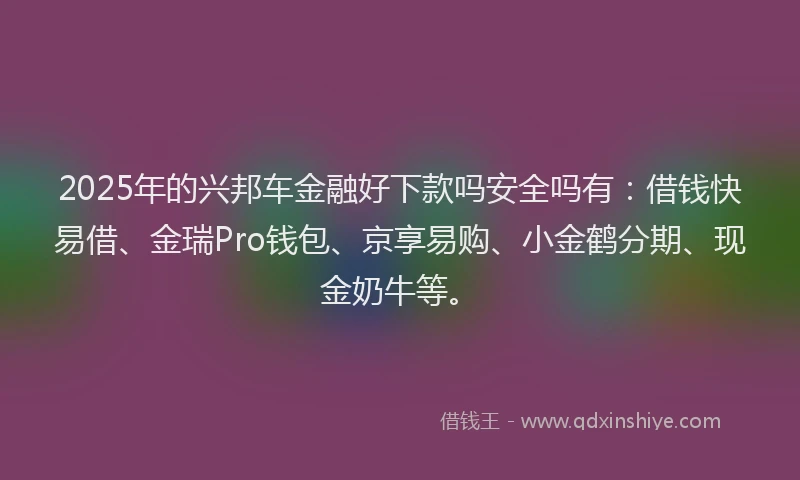 2025年的兴邦车金融好下款吗安全吗有：借钱快易借、金瑞Pro钱包、京享易购、小金鹤分期、现金奶牛等。
