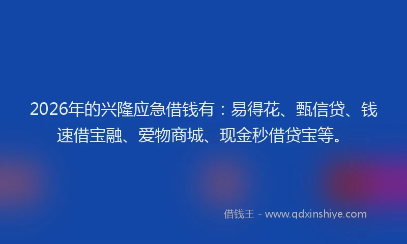 2026年的兴隆应急借钱有：易得花、甄信贷、钱速借宝融、爱物商城、现金秒借贷宝等。