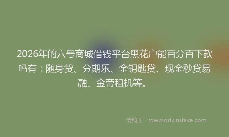 2026年的六号商城借钱平台黑花户能百分百下款吗有：随身贷、分期乐、金钥匙贷、现金秒贷易融、金帝租机等。