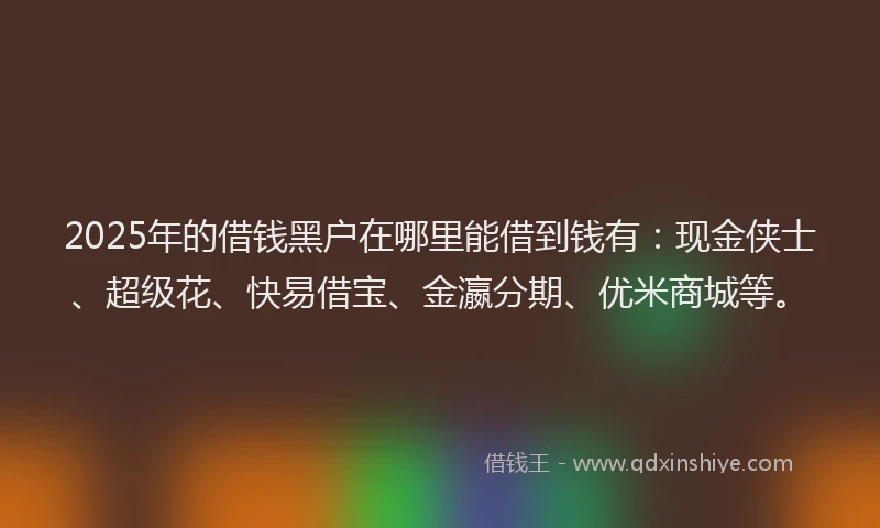 2025年的借钱黑户在哪里能借到钱有:现金侠士、超级花、快易借宝、金瀛分期、优米商城等。
