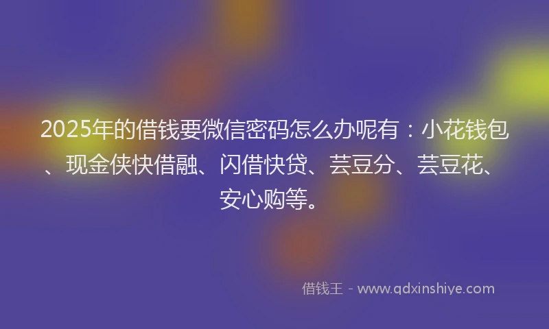 2025年的借钱要微信密码怎么办呢有:小花钱包、现金侠快借融、闪借快贷、芸豆分、芸豆花、安心购等。