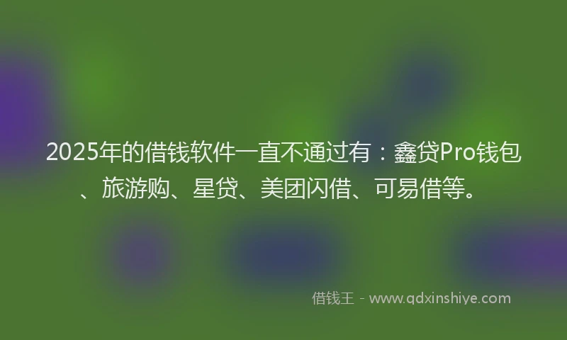 2025年的借钱软件一直不通过有：鑫贷Pro钱包、旅游购、星贷、美团闪借、可易借等。