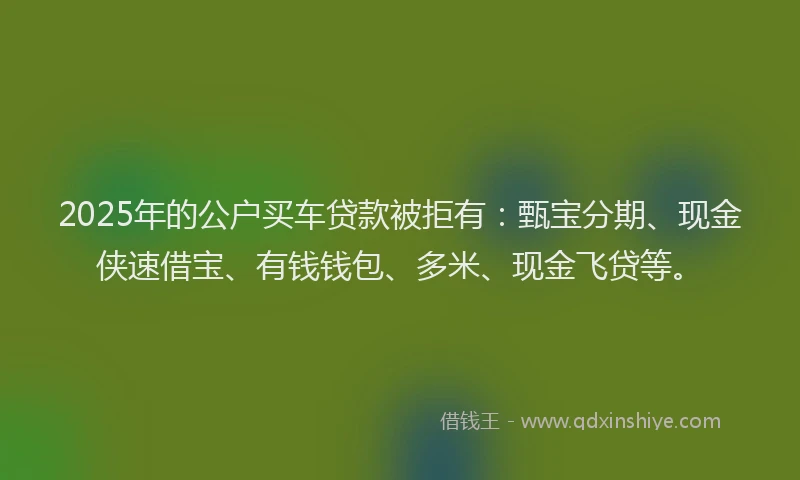 2025年的公户买车贷款被拒有：甄宝分期、现金侠速借宝、有钱钱包、多米、现金飞贷等。