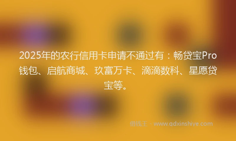 2025年的农行信用卡申请不通过有:畅贷宝Pro钱包、启航商城、玖富万卡、滴滴数科、星愿贷宝等。
