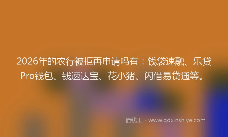 2026年的农行被拒再申请吗有：钱袋速融、乐贷Pro钱包、钱速达宝、花小猪、闪借易贷通等。