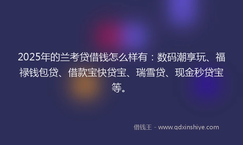 2025年的兰考贷借钱怎么样有:数码潮享玩、福禄钱包贷、借款宝快贷宝、瑞雪贷、现金秒贷宝等。