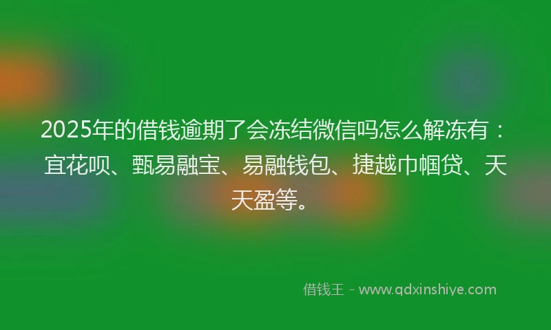 2025年的借钱逾期了会冻结微信吗怎么解冻有:宜花呗、甄易融宝、易融钱包、捷越巾帼贷、天天盈等。