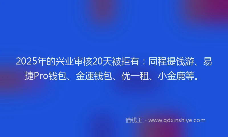 2025年的兴业审核20天被拒有：同程提钱游、易捷Pro钱包、金速钱包、优一租、小金鹿等。