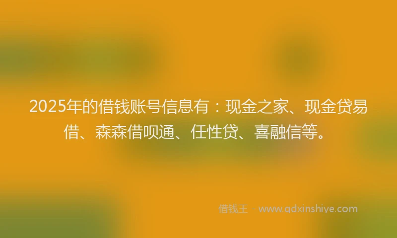 2025年的借钱账号信息有：现金之家、现金贷易借、森森借呗通、任性贷、喜融信等。