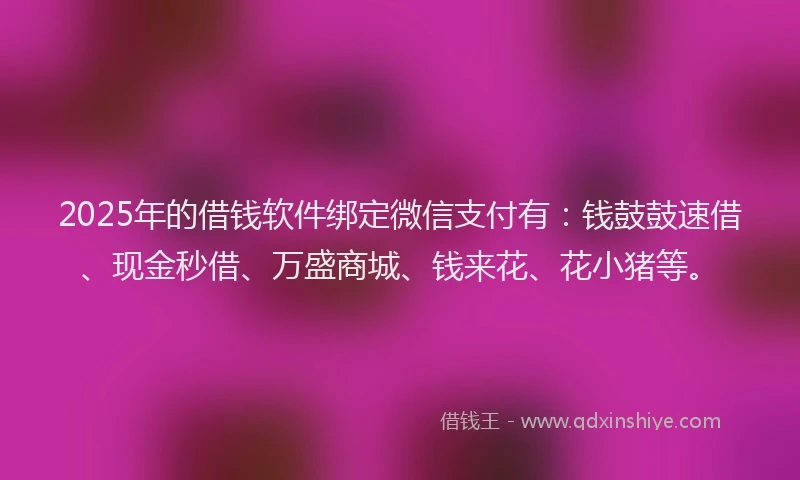 2025年的借钱软件绑定微信支付有:钱鼓鼓速借、现金秒借、万盛商城、钱来花、花小猪等。