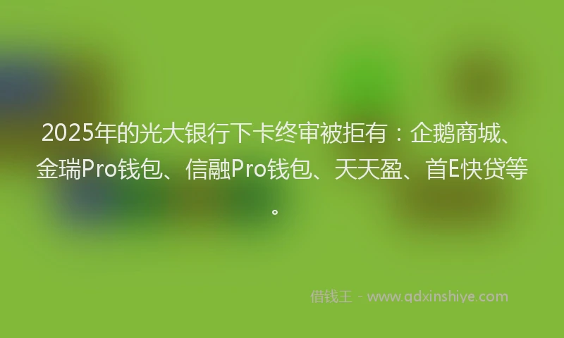 2025年的光大银行下卡终审被拒有:企鹅商城、金瑞Pro钱包、信融Pro钱包、天天盈、首E快贷等。