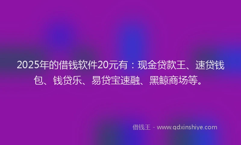 2025年的借钱软件20元有:现金贷款王、速贷钱包、钱贷乐、易贷宝速融、黑鲸商场等。