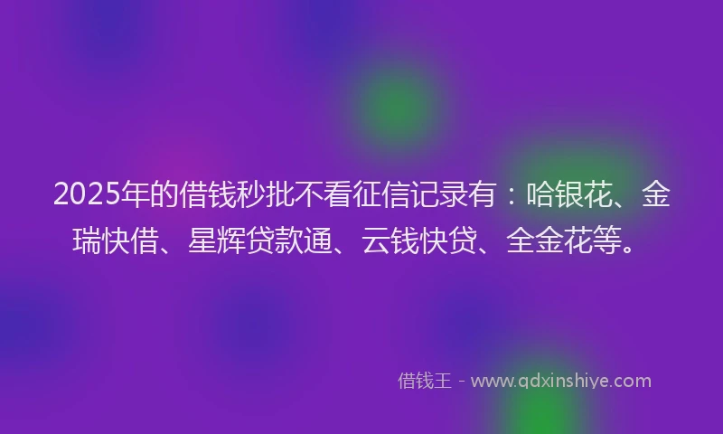 2025年的借钱秒批不看征信记录有:哈银花、金瑞快借、星辉贷款通、云钱快贷、全金花等。