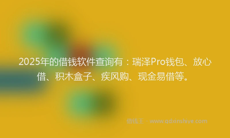 2025年的借钱软件查询有:瑞泽Pro钱包、放心借、积木盒子、疾风购、现金易借等。