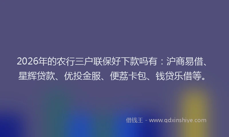 2026年的农行三户联保好下款吗有:沪商易借、星辉贷款、优投金服、便荔卡包、钱贷乐借等。