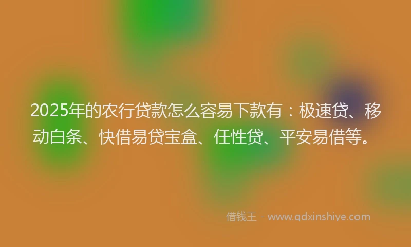 2025年的农行贷款怎么容易下款有：极速贷、移动白条、快借易贷宝盒、任性贷、平安易借等。