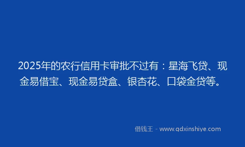 2025年的农行信用卡审批不过有：星海飞贷、现金易借宝、现金易贷盒、银杏花、口袋金贷等。